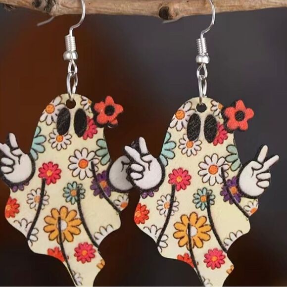 Boutique Wooden Colorful Halloween Flower Print Groovy Ghosts - Picture 1 of 3
